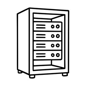 Peut inclure: Une illustration en noir et blanc au trait d'une armoire de serveur. L'armoire rectangulaire contient quatre unités de serveur empilées, chacune représentée par des lignes horizontales et deux points circulaires pour les ports.