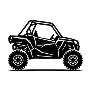 Op de afbeelding: Een zwarte silhouetafbeelding van een side-by-side utility task vehicle, of UTV, weergegeven in zijaanzicht. Het voertuig is voorzien van een rolkooi, een stuurwiel en vier grote, grof geprofileerde terreinbanden met een duidelijk profiel.