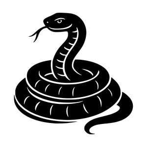 Peut inclure: Une illustration graphique noire d'un serpent enroulé avec la tête relevée et la langue sortie. Le design présente des lignes noires audacieuses et solides sur un fond blanc, représentant le serpent dans une posture droite et défensive.