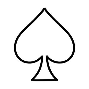 Peut inclure: Un contour noir représentant le symbole de pique d'un jeu de cartes. Le graphique présente un sommet pointu, deux lobes arrondis sur les côtés et une tige étroite à la base qui s'évase en un pied plat, le tout sur un fond blanc uni.