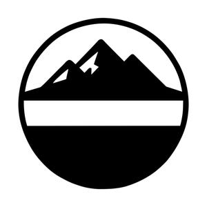 May include: A circular black and white graphic logo featuring a stylized mountain range silhouette at the top, separated by a horizontal white band from a solid black semi-circle base, all enclosed within a thick black circular border.