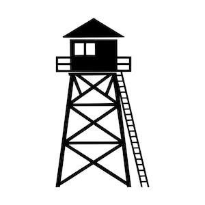 Puede incluir: Una silueta gráfica negra de una torre de vigilancia con techo a dos aguas, una pequeña cabina con dos ventanas cuadradas, una plataforma de observación con barandilla, una estructura de celosía con refuerzos y una escalera lateral.