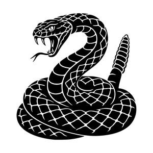 May include: A black and white graphic illustration of a coiled rattlesnake. The snake is depicted with its mouth open, showing sharp fangs and a protruding forked tongue. The body features a detailed diamond-shaped scale pattern and a rattle.
