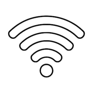 以下が含まれることがあります： Wi-Fi信号を表す白黒のグラフィックアイコン。デザインは、ベースにある黒い点と、その上に配置された3つの徐々に大きくなる曲線状のアーチ型の線で構成されており、ワイヤレス接続とネットワーク信号の強度を象徴しています。