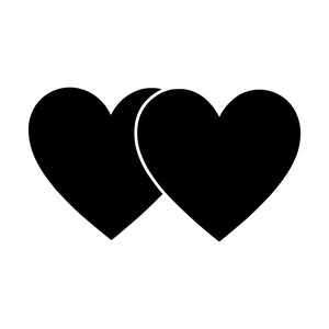 Puede incluir: Una ilustración gráfica que presenta dos formas de corazón negras sólidas que se superponen. Los corazones están colocados uno al lado del otro con bordes suaves y redondeados y una silueta limpia y audaz, creando un diseño visual simple.