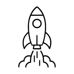 Könnte beinhalten: Ein schwarz-weißes Strichgrafik-Symbol einer startenden Rakete. Die Rakete hat eine spitze Nase, ein kreisförmiges Fenster in der Mitte und zwei Seitenflossen. Unter der Rakete sind stilisierte Rauchwolken und Abgaslinien zu sehen.