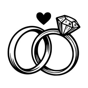 Op de afbeelding: Een zwart-witte grafische illustratie met twee in elkaar grijpende ringen, waarvan er één een verlovingsring met een gefacetteerde diamant is, geplaatst onder een effen zwart hartvormig symbool in een strakke lijnstijl.