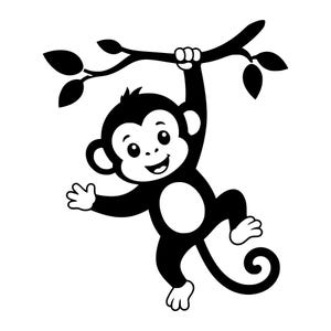 Pode incluir: Uma ilustração gráfica em preto e branco de um macaco de desenho animado pendurado num galho de árvore com uma mão. O macaco tem um rosto redondo, orelhas grandes, uma barriga clara e uma cauda enrolada, com folhas no galho acima.