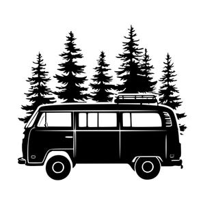 May include: A black silhouette graphic featuring a side profile of a classic camper van with a roof rack, positioned in front of a dense cluster of evergreen pine trees. The design is rendered in solid black against a plain white background.
