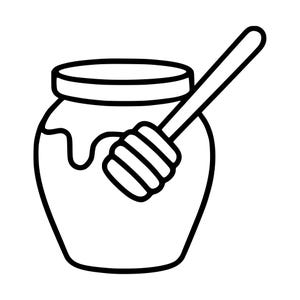 May include: A black and white line art illustration of a honey pot with a lid and a honey dipper resting inside. The pot features a rounded body with a thick rim and a stylised drip pattern on the side, rendered in a simple, clean graphic style.