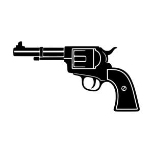 May include: A solid black silhouette of a revolver handgun featuring a long barrel, a front sight, a rotating cylinder, a trigger guard, and a curved grip handle with a single visible screw detail. The design is rendered in a flat, high-contrast style.