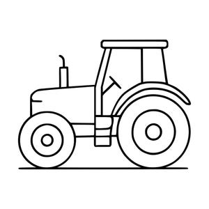 Pode incluir: Uma ilustração de arte linear em preto e branco de um trator agrícola. O trator apresenta uma roda traseira grande, uma roda dianteira menor, uma cabine com um volante visível no interior e um tubo de escape vertical no capô.