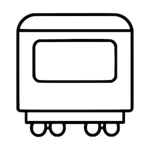 Op de afbeelding: Een zwart-wit lijntekening-icoon van een treincoupé. De rechthoekige wagon heeft een groot centraal raam met afgeronde hoeken, een plat dak en een onderstel dat wordt ondersteund door vier kleine ronde wielen in twee paren onderaan.