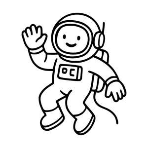 May include: A black and white line art illustration of a cartoon astronaut wearing a space suit and helmet. The astronaut is waving with one hand, has a simple smiling face, and features a rectangular chest panel and a backpack with a tether.