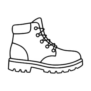 May include: A black and white line art illustration of a sturdy ankle boot. The boot features a thick, lugged sole, a padded collar around the ankle, and a lace-up front with visible eyelets and laces. The design is simple, clean, and minimalist.