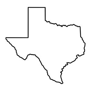 May include: A simple black outline drawing of the state of Texas. The graphic features a clean, bold black line that traces the distinct geographical borders of the state, set against a plain white background to highlight the shape.