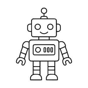Puede incluir: Una ilustración de arte lineal en blanco y negro de un robot con cabeza y cuerpo rectangulares, ojos circulares, una boca sonriente, una antena con una esfera en la parte superior y un panel de control en el pecho con un círculo y tres líneas.