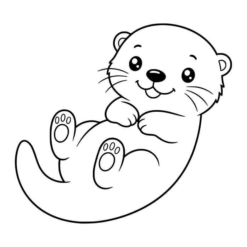 Könnte beinhalten: Eine schwarz-weiße Strichzeichnung eines Cartoon-Otters, der auf dem Rücken schwimmt. Der Otter hat große runde Augen, eine kleine Nase, Schnurrhaare und sichtbare Pfotenballen an den Füßen. Das Design zeigt klare, kräftige Umrisslinien.