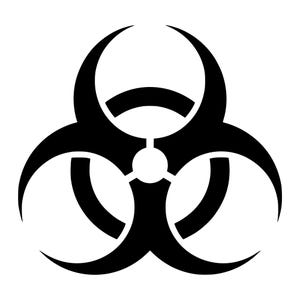 Könnte beinhalten: Ein schwarzes Biohazard-Symbol, bestehend aus drei ineinandergreifenden kreisförmigen Segmenten, die um einen zentralen, ausgefüllten Kreis angeordnet sind, mit geschwungenen, spitzen Klingen, die in einem symmetrischen Grafikdesign nach außen ragen.