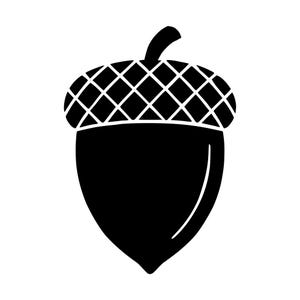 May include: A solid black graphic icon of an acorn featuring a textured cap with a cross-hatched diamond pattern and a smooth, rounded nut body. The design includes a small stem at the top and a curved highlight line on the right side of the nut.