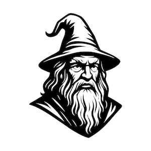 Peut inclure: Une illustration graphique en noir et blanc représentant un magicien avec une longue barbe et des cheveux longs, portant un chapeau pointu avec une pointe courbée. Le design présente des lignes audacieuses et un contraste élevé.