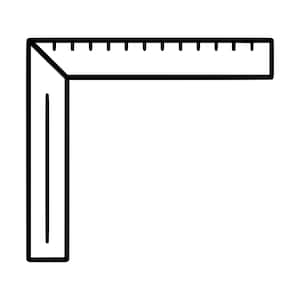 Może przedstawiać: Czarno-biała ilustracja liniowa kątownika stolarskiego. Instrument w kształcie litery L posiada długie ramię pionowe oraz ramię poziome, oba oznaczone równomiernie rozmieszczonymi kreskami wzdłuż górnej krawędzi do precyzyjnych pomiarów.