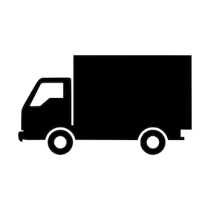 May include: A solid black silhouette icon of a box truck shown in profile. The vehicle features a rectangular cargo area, a cab with a single window, and two circular wheels positioned beneath the chassis, presented as a simple graphic design.