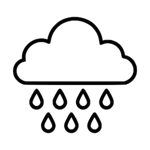 Peut inclure: Une icône en art linéaire noir et blanc représentant un nuage stylisé avec sept gouttes de pluie individuelles tombant en dessous. Le design présente des contours épais et uniformes sur un fond uni, illustrant une météo pluvieuse.