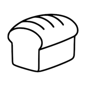 May include: A black and white line art illustration of a loaf of bread. The drawing features a simple, rounded rectangular shape with three curved lines across the top surface to represent the crust scoring on the baked loaf of bread.