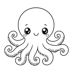 Peut inclure: Une illustration en noir et blanc au trait d'une pieuvre de dessin animé avec une grosse tête arrondie, de grands yeux avec des reflets, une petite bouche souriante, des joues roses et huit tentacules bouclés avec des ventouses.