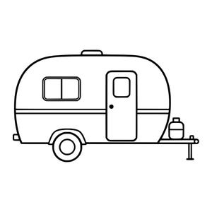 Pode incluir: Uma ilustração de arte linear em preto e branco de um trailer arredondado. O veículo possui uma janela retangular, uma porta com um pequeno botão circular, uma roda e um tanque de propano montado no engate dianteiro.