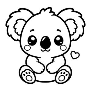May include: A black and white line art illustration of a seated koala with large fluffy ears, wide eyes, a small nose, and circular cheek markings. The koala is depicted in a simple, clean style with a small heart shape positioned to its right side.