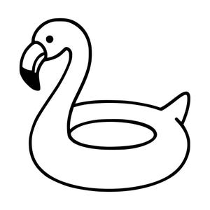 May include: A black and white line art illustration of a flamingo-shaped pool float. The design features a long, curved neck, a rounded body with a central opening, a small tail, and a beak with a solid black tip and a small circular eye.