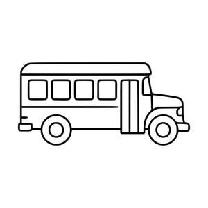 Puede incluir: Una ilustración de arte lineal en blanco y negro de un autobús escolar visto de perfil. El dibujo presenta un cuerpo rectangular con cuatro ventanas cuadradas, una puerta vertical, un capó delantero y dos ruedas circulares, todo en trazo negro.