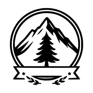May include: A black and white circular emblem featuring a stylized mountain peak and a centered pine tree. Below the circle is a blank horizontal banner flanked by two small stars, with two leafy branches positioned underneath the banner.