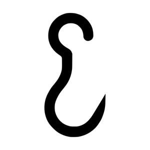 Könnte beinhalten: Eine massive schwarze Silhouette eines Schwerlasthakens. Das Design zeigt eine kreisförmige Öse an der Oberseite zur Befestigung, die in einen geschwungenen, sich verjüngenden Schaft übergeht und in einer scharfen Spitze endet, die ein J bildet.