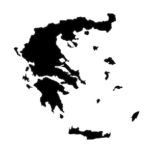 以下が含まれることがあります： ギリシャの地理的な地図を表す単色の黒いシルエットグラフィック。本土とエーゲ海およびイオニア海に点在する様々な島々が含まれており、高コントラストのフラットな形状として表現されています。