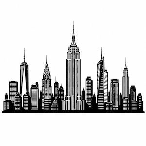 Op de afbeelding: Een zwart-witte grafische illustratie van de skyline van New York City. Het silhouet toont iconische wolkenkrabbers, waaronder het Empire State Building en het Chrysler Building, weergegeven met strakke lijnen en solide zwarte vormen.