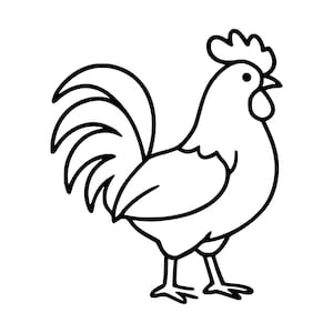 May include: A black and white line art illustration of a cockerel standing in profile. The drawing features a clear outline of the bird with a prominent comb on its head, a rounded wattle, a sharp beak, and a large, curved tail with distinct feathers.