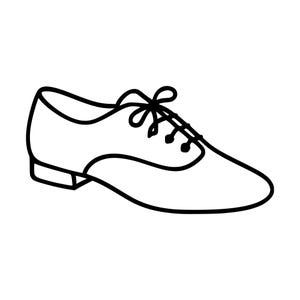 Könnte beinhalten: Eine schwarz-weiße Strichzeichnung eines flachen Oxford-Schuhs. Der Schuh verfügt über eine abgerundete Spitze, einen Schnürverschluss mit einer gebundenen Schleife und einen kleinen Blockabsatz. Das Design ist in einem einfachen, klaren Stil gehalten.
