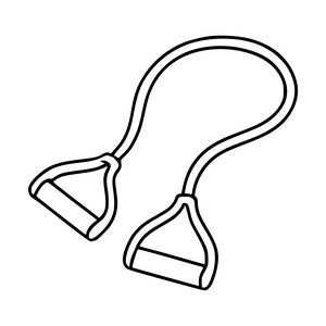 Pode incluir: Uma ilustração de arte linear em preto e branco de uma faixa de resistência com um tubo longo e flexível conectado a duas alças triangulares com pegas cilíndricas. O design é simples, limpo e delineia claramente a forma do equipamento.