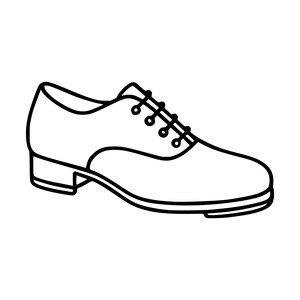 Peut inclure: Une illustration au trait noir et blanc d'une chaussure basse de type oxford. La chaussure présente un bout arrondi, un laçage avec quatre paires d'œillets, un talon défini et un bord de semelle visible, dans un style graphique simple et épuré.