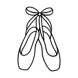 Op de afbeelding: Een zwart-wit lijntekening van een paar balletschoenen. De schoenen staan naast elkaar en zijn voorzien van lange linten die naar boven lopen en in het midden aan de bovenkant tot een decoratieve strik zijn samengebonden.