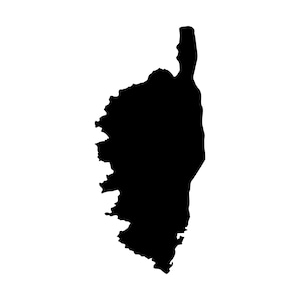 Może przedstawiać: Jednolita czarna sylwetka graficzna przedstawiająca geograficzny kształt wyspy Korsyka. Projekt zawiera ostry, szczegółowy zarys linii brzegowej z charakterystycznymi nierównymi krawędziami, spiczastym północnym krańcem i poszarpaną zachodnią stroną.