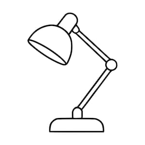 Può includere: Un'illustrazione a linee bianche e nere di una lampada da scrivania regolabile. La lampada presenta un paralume arrotondato, un braccio articolato in due parti con uno snodo circolare centrale e una base rettangolare solida e definita.