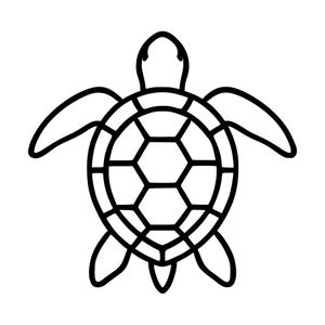 Puede incluir: Una ilustración de arte lineal en blanco y negro de una tortuga marina vista desde arriba. El diseño presenta un contorno marcado de la cabeza, cuatro aletas y un caparazón central dividido en un patrón geométrico de formas hexagonales y pentagonales.