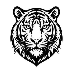 May include: A high-contrast black and white graphic illustration of a tiger head facing forward. The design features bold, clean lines defining the tiger's facial features, including its intense eyes, pointed ears, and detailed fur patterns.