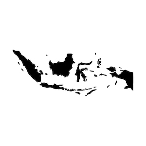 Puede incluir: Una silueta gráfica de color negro sólido que representa el mapa de Indonesia, mostrando las formas distintivas de las islas del archipiélago, incluyendo Sumatra, Java, Borneo, Sulawesi y la parte occidental de Nueva Guinea en diseño plano.
