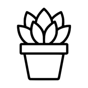 Può includere: Un'icona in grafica lineare bianca e nera di una pianta succulenta in un vaso semplice. Il design presenta una pianta stilizzata con linee spesse e foglie arrotondate disposte simmetricamente all'interno di un vaso di forma quadrata.