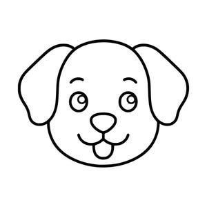 May include: A black and white line art illustration of a dog face. The design features a rounded head with two floppy ears, large circular eyes looking upward, a small oval nose, and a smiling mouth with a small tongue visible at the center.